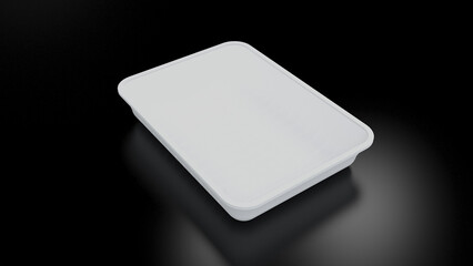Empty, white plastic food tray, container, a 3D render on black background. Packshot photo for package design, template.