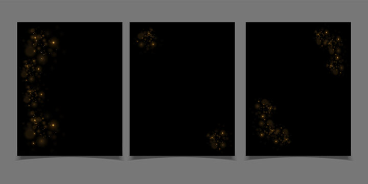 Set of backgrounds with golden lights to design greeting cards. Christmas decorations with glitter.