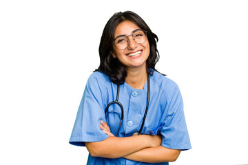 Young nurse Indian woman isolated laughing and having fun. - obrazy, fototapety, plakaty