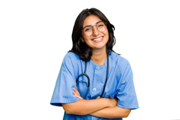 Young nurse Indian woman isolated laughing and having fun.