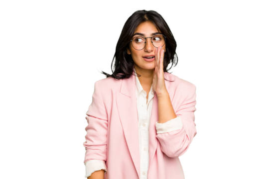 Young Indian business woman wearing a pink suit isolated is saying a secret hot braking news and looking aside - Powered by Adobe