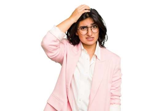 Young Indian business woman wearing a pink suit isolated being shocked, she has remembered important meeting.