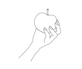 Continuous one line drawing of hand holding apple. Apple fruit line art drawing vector design.