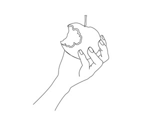 Continuous one line drawing of hand holding bitten apple. Apple fruit line art drawing vector design.