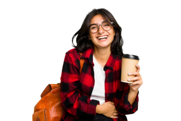 Young student Indian woman holding a take away coffee isolated laughing and having fun.
