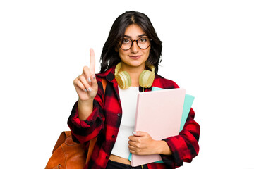 Young student Indian woman wearing headphones isolated showing number one with finger.