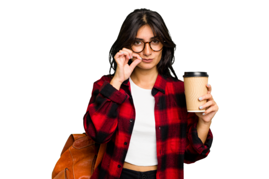 Young student Indian woman holding a take away coffee isolated with fingers on lips keeping a secret.