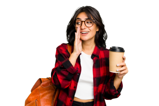 Young student Indian woman holding a take away coffee isolated is saying a secret hot braking news and looking aside
