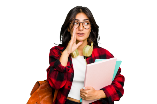 Young student Indian woman wearing headphones isolated is saying a secret hot braking news and looking aside