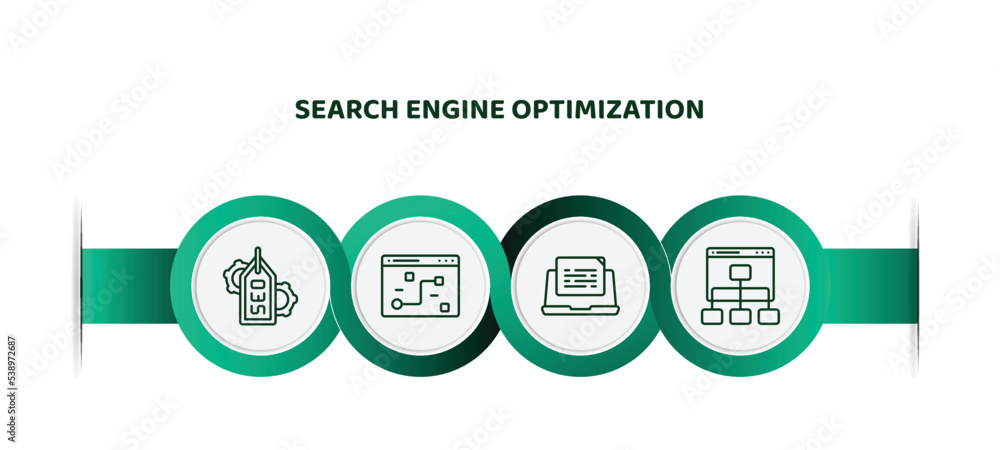 Aufkleber editable thin line icons with infographic template. infographic for search engine optimization conce