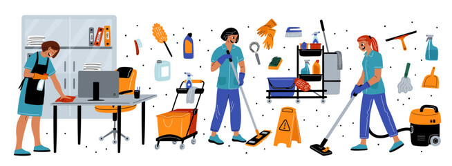 Cartoon cleaning service equipment. Professional housekeeper accessories. Cleaner characters with hygiene tools and chemicals. Women in uniform mopping or dust wiping. Garish vector set