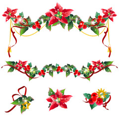 Christmas garland with poinsettia and red ribbons ,isolated on a white - 538972892