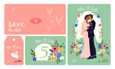 Cartoon wedding cards. Holiday invitational banners. Happy couple in love. Beautiful flowers. Romantic newlyweds hugs. Marriage ceremony invitations design. Garish vector postcards set