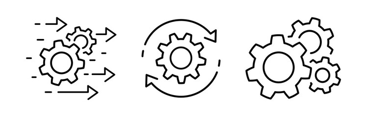 Process management icon set, optimization operation, transmission gear wheel with arrow Agile process thin line icons in flat style Technology sign, engine symbol isolated on white Vector illustration