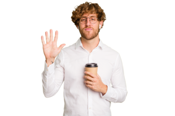 Business caucasian man holding a coffee to take away isolated on white background smiling cheerful showing number five with fingers.