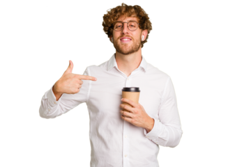 Business caucasian man holding a coffee to take away isolated on white background person pointing by hand to a shirt copy space, proud and confident