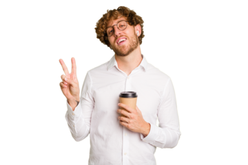 Business caucasian man holding a coffee to take away isolated on white background joyful and carefree showing a peace symbol with fingers.