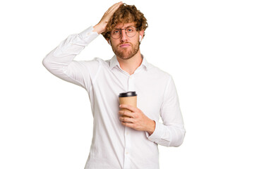 Business caucasian man holding a coffee to take away isolated on white background being shocked,...