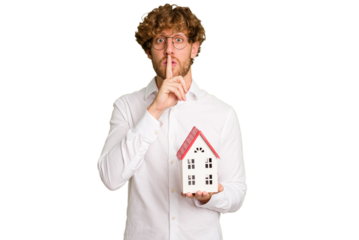 Business caucasian man holding toy house isolated on white background keeping a secret or asking for silence.