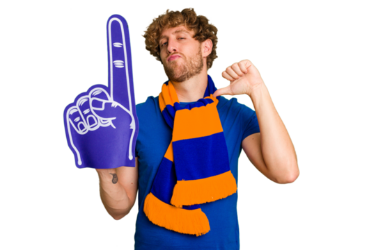 Young caucasian sports fan man isolated on white background feels proud and self confident, example to follow.