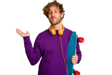 Young skater caucasian man isolated on white background showing a copy space on a palm and holding another hand on waist.