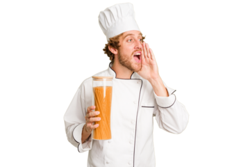 Young cook man isolated on white background shouting and holding palm near opened mouth.