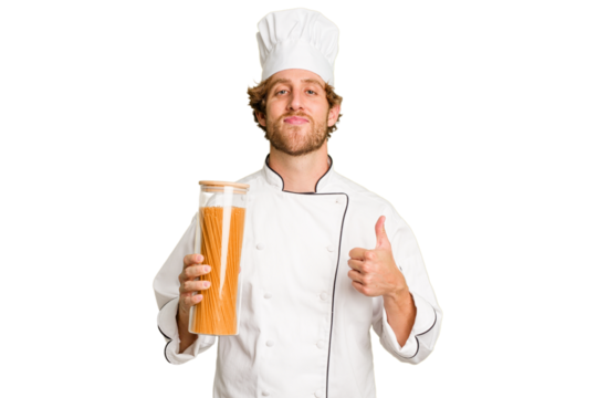 Young cook man isolated on white background smiling and raising thumb up