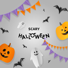 Scary Halloween background with ghost, bats and pumpkins in paper cut style. Vector illustration.	