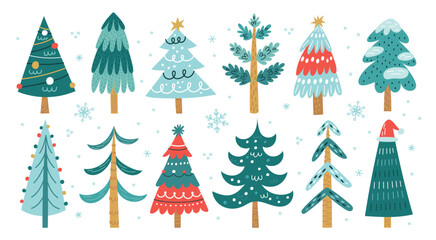 Cute Christmas trees. Cartoon funny firs with decorations. Xmas holiday garland and toys. New Year isolated symbols. Winter snowflakes. Forest coniferous plants. Garish vector festive set © VectorBum
