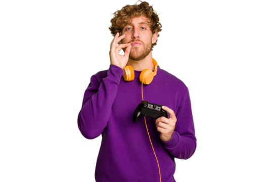 Young caucasian gamer man holding a game controller isolated on white background with fingers on lips keeping a secret.