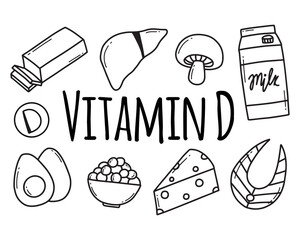 Vitamin d. Set of Foods containing vitamin d. Food rich in vitamin d. Vector illustration. Vector illustration. Doodle style.
