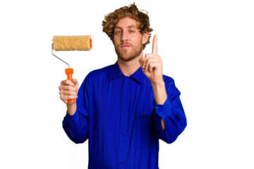 Young painter man holding a roll isolated on white background showing number one with finger.