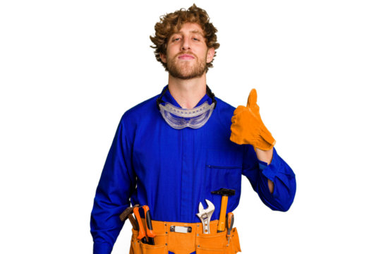 Young caucasian electrician man isolated on white background smiling and raising thumb up