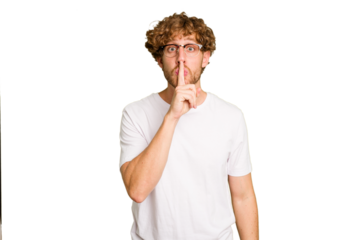 Young caucasian man isolated on green chroma background keeping a secret or asking for silence.