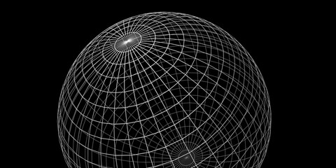 3D wireframe globe or sphere isolated on black background, visualization of geography or navigation concept with latitude and longitude coordinates