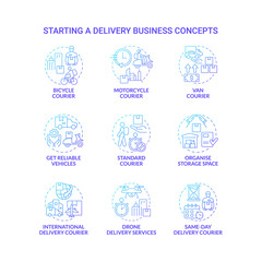 Starting delivery business blue gradient concept icons set. Shipping service idea thin line color illustrations. Isolated outline drawings