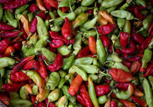 Peppers on sale on market stall in Pointe à Pitre, Guadeloupe, French West Indies