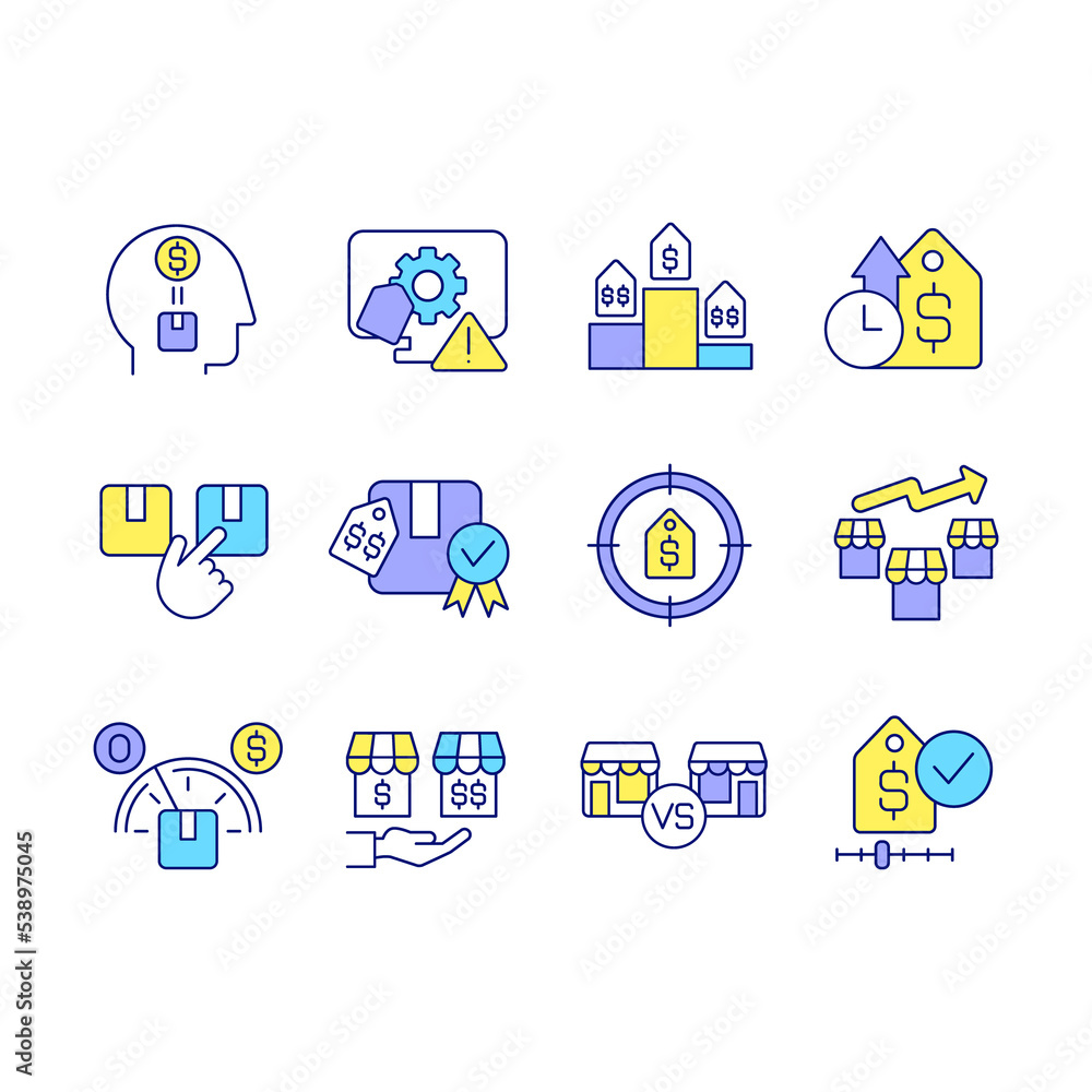 Poster pricing principles and strategies rgb color icons set. setting price for product. isolated raster il