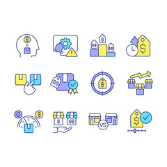 Pricing principles and strategies RGB color icons set. Setting price for product. Isolated raster illustrations. Simple filled line drawings collection