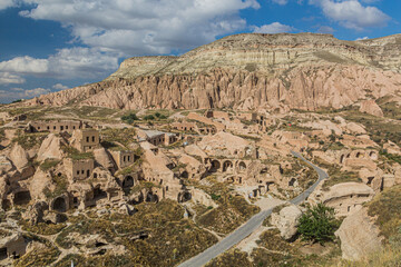View of Cavusin cave village in Cappadocia, Turkey