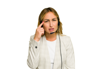 Telemarketer caucasian woman working with a headset isolated on green chroma background showing a disappointment gesture with forefinger.