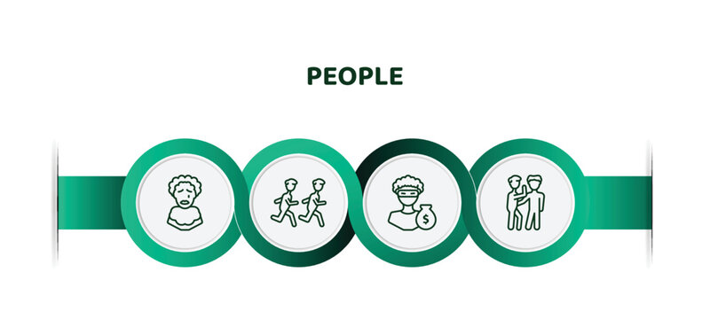 editable thin line icons with infographic template. infographic for people concept. included pierrot, group of men running, steal, gossip icons.