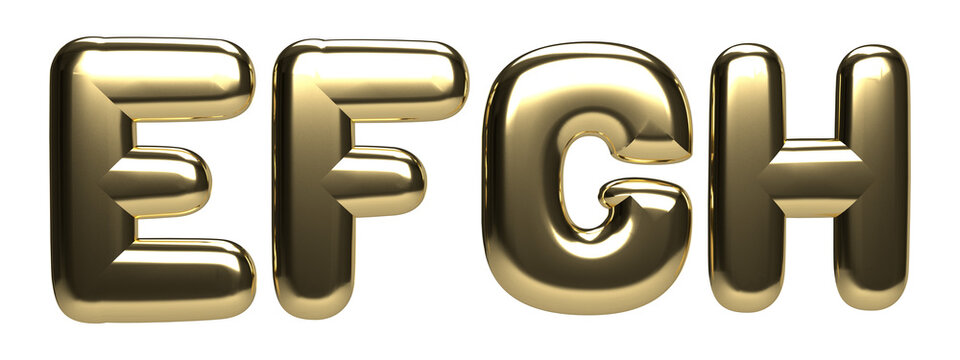 Isolated Alphabets EFGH in Gold Color on White Background. 3D illustration.