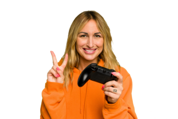 Young caucasian gamer woman holding a game controller isolated on green chroma background showing number two with fingers.