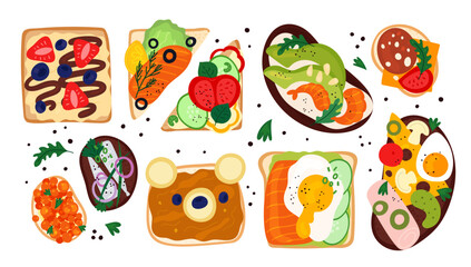 Sandwiches top view. Toasts with different ingredients. Tasty snack. Vegetables and salmon pieces on bread slice. Bruschetta with toppings and fruits. Brunch appetizer. Garish vector set