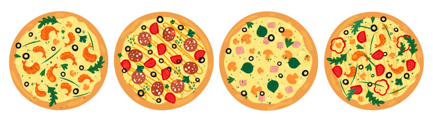 Top view tasty pizza. Traditional Italian food. Meat or vegetarian meal ingredients. Cheese and tomatoes. Baked dough with salami slices. Sauce toppings. Hot snack. Garish vector set