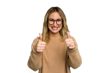 Young caucasian woman isolated on green chroma background smiling and raising thumb up