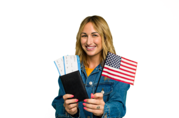 Young caucasian woman holding a passport and USA flag isolated on green chroma background