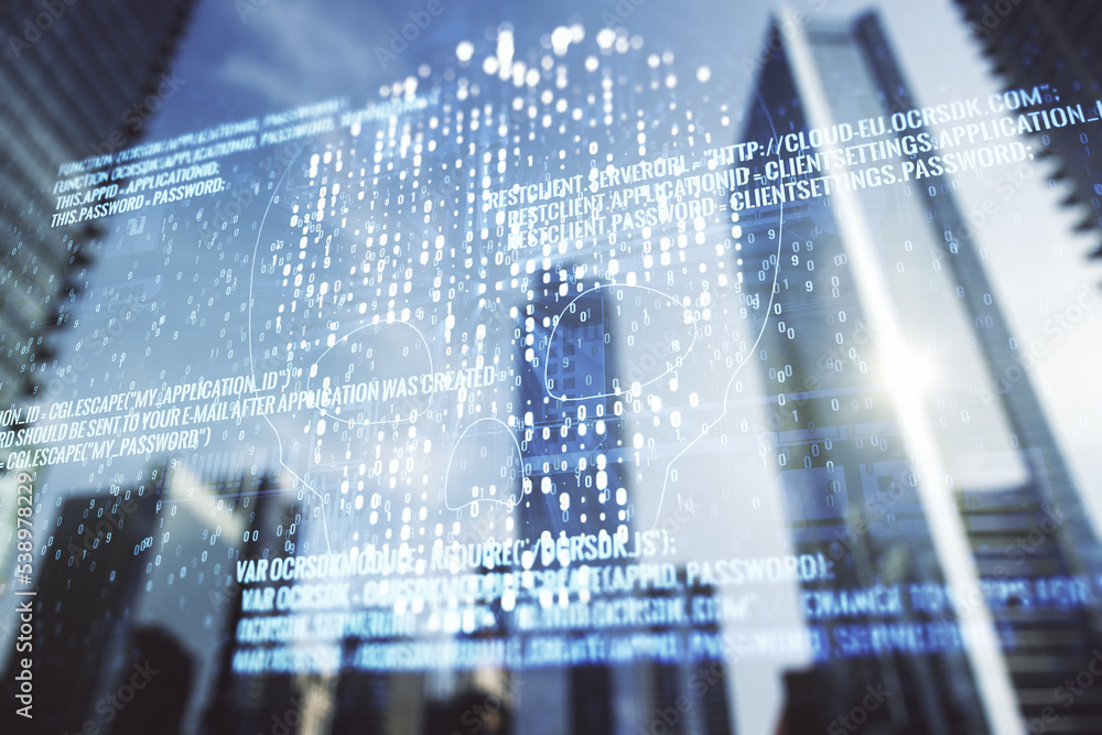 Poster abstract virtual code skull illustration on office buildings background. hacking and phishing concep