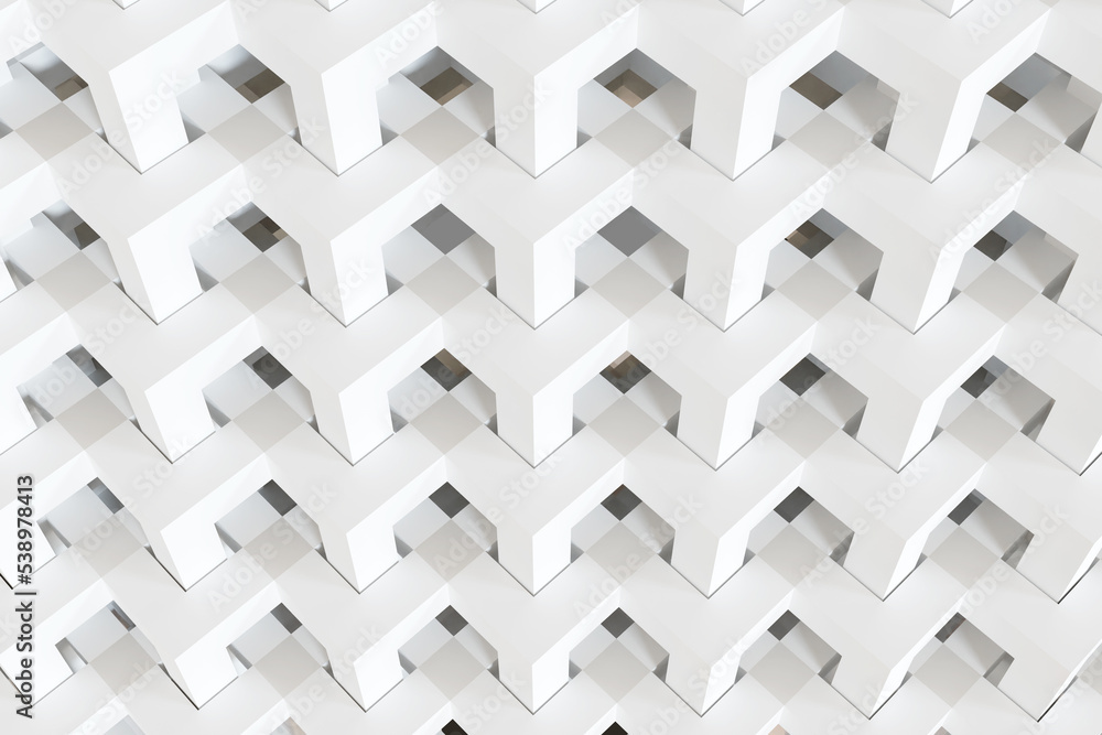 Poster Endless white pattern. Intertwining smooth lines. 3D pattern for site. Intertwining white steps. Abstract architectural concept. Stylish three-dimensional pattern. Architectural texture. 3d image.
